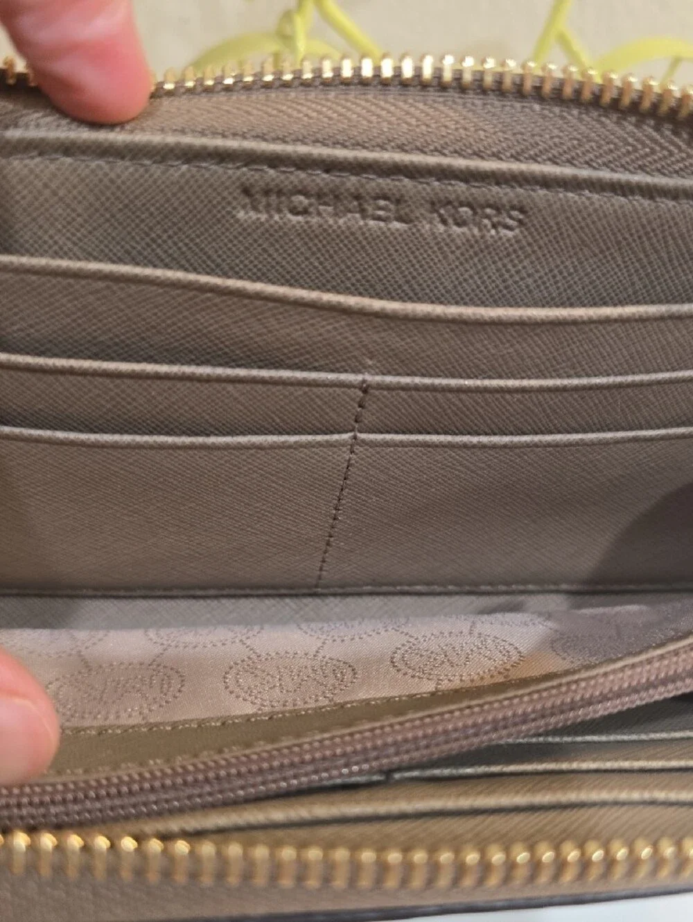 Michael Kors Taupe Saffiano Zip Wallet with Gold Hardware
